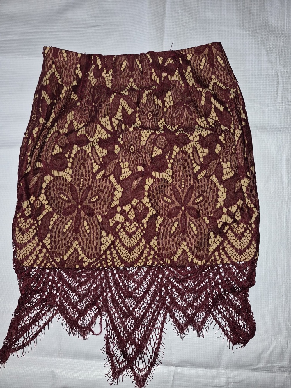 Tobi Burgundy Lace Pencil Skirt with Fringe Hem